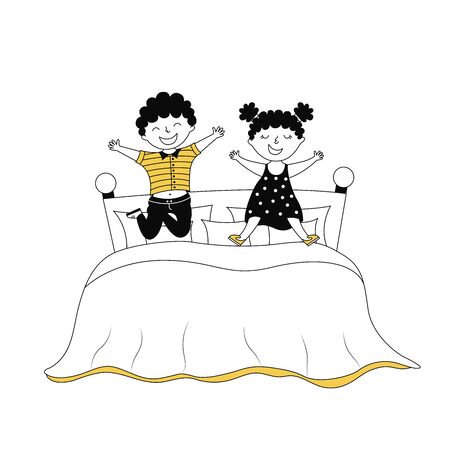 Children jumping on bed cartoon vector illustration. Active morning, bedtime. Cute cheerful kids in bedroom isolated on white background. Siblings characters having fun. Naughty laughing boy and girlのイラスト素材