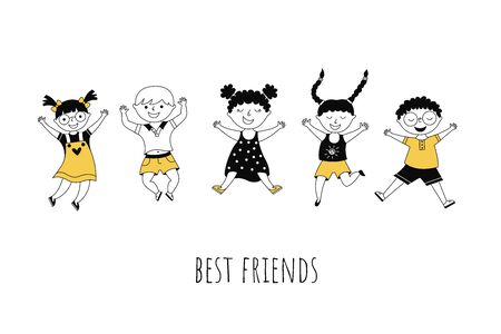 Best friends cartoon vector illustration with typography. Cute kids jumping together on white background. Cheerful boys and girls outline characters. Friendship, togetherness, childhood banner designのイラスト素材