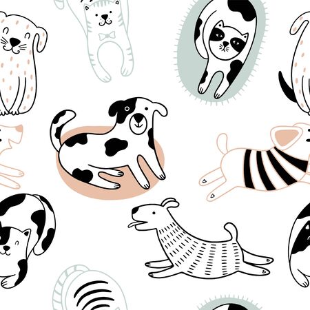 Cute cats and funny dogs Scandinavian seamless pattern. Childish background with pets. Can be used for wallpaper, packaging, textiles.のイラスト素材