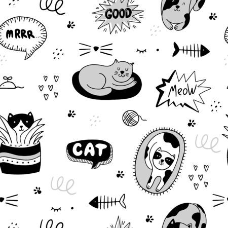 Cute cats seamless pattern. Vector illustration with cats, paws, fish, speech bubbles, phrases on a gray background. It can be used for textile, wallpaper, wrappingのイラスト素材