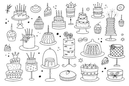 International Cake Day. Set of doodle cakes on a white background. It can be used for birthday or wedding cards and coloring pages. のイラスト素材