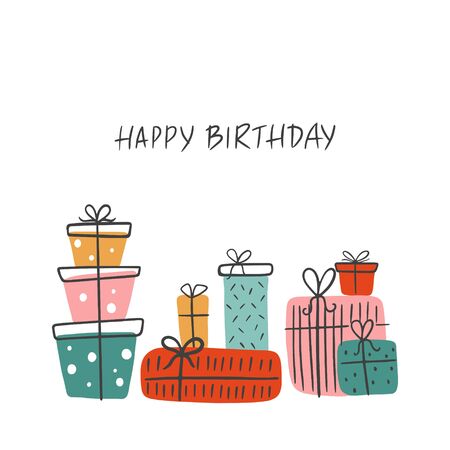 Birthday greeting card with gifts and lettering Happy Birthday. Scandinavian vector illustration with Bday gifts.のイラスト素材