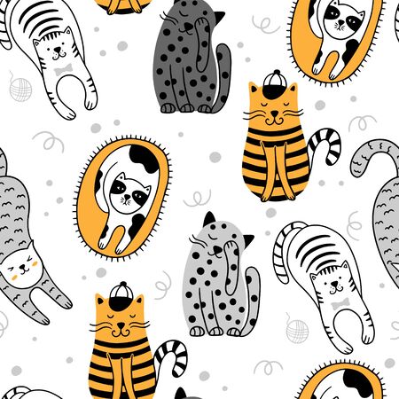 Cute cats Scandinavian seamless pattern. Childish background with cats. Can be used for wallpaper, packaging, textiles.のイラスト素材