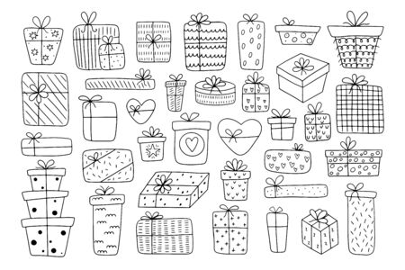 Big set of hand-drawn different gift boxes isolated on a white background. Doodle gifts in Scandinavian style for Valentine's Day, Christmas Day, New Year, Birthday.のイラスト素材