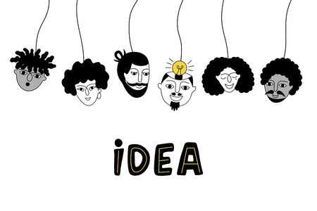 Innovative ideas. Brainstorming. Human faces are hanging in the air and one happy man has an idea. のイラスト素材