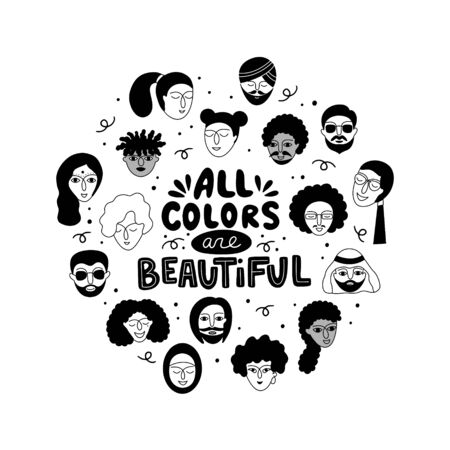 All colors are beautiful lettering. Multicultural group of people and a phrase in a round frame.のイラスト素材