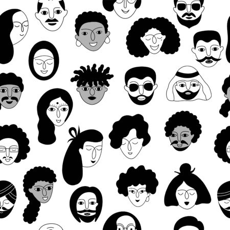A multicultural people seamless pattern. Hand-drawn vector illustration with woman and man faces on a white background. のイラスト素材