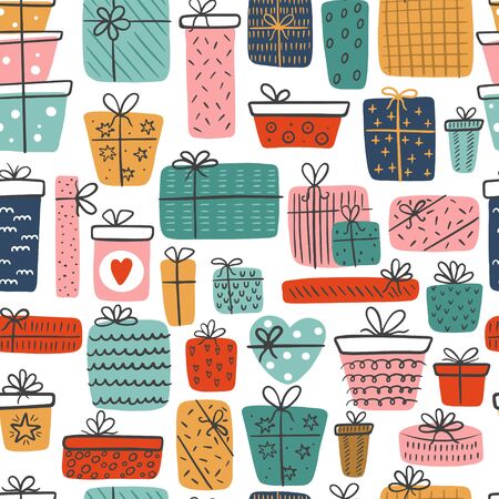 Seamless pattern of hand-drawn different gift boxes isolated on a white background. Colorful gifts for prints, cards, scrapbook.のイラスト素材