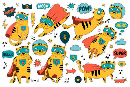 Set with a cute cat in a super hero costume. Kitty in different poses isolated on white background.のイラスト素材