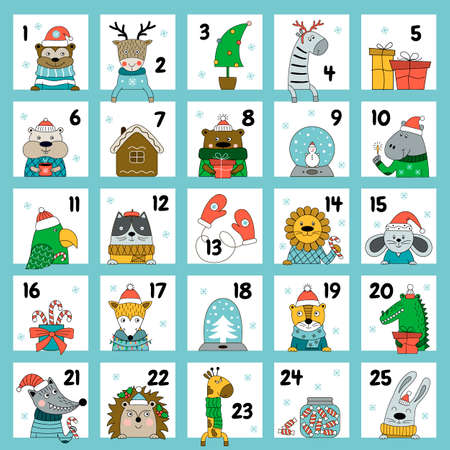 Christmas advent calendar with cute animals in winter clothes. Vector illustration with winter holiday design elements. Countdown calendar.のイラスト素材