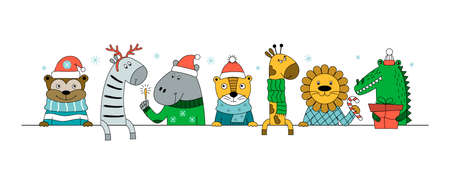 Wild animals with gift, candy, and sparklers. Christmas poster with zebra, monkey, giraffe, crocodile, tiger, lion, hippo. Can be used for web design, poster, greeting cards.のイラスト素材