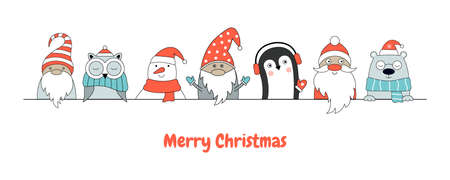Christmas poster with a snowman, penguin, polar bear, gnome, Santa Claus. Vector hand-drawn illustration in Scandinavian style. Can be used for web design, poster, greeting cards.のイラスト素材