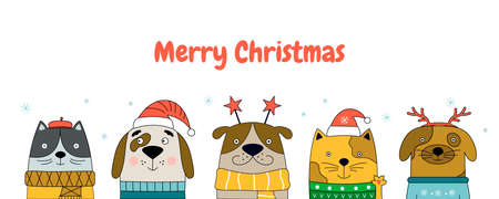 Merry Christmas vector illustration with cats and dogs. Christmas banner for pet shop web site.のイラスト素材