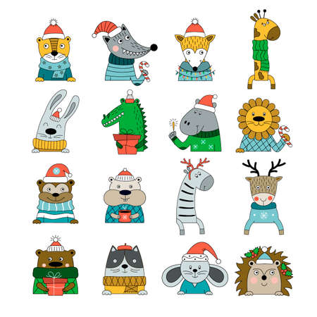 Set of hand-drawn animals in winter costumes isolated on white background. Vector illustration for decoration Christmas greeting card, posters, banner, advent calendar.のイラスト素材