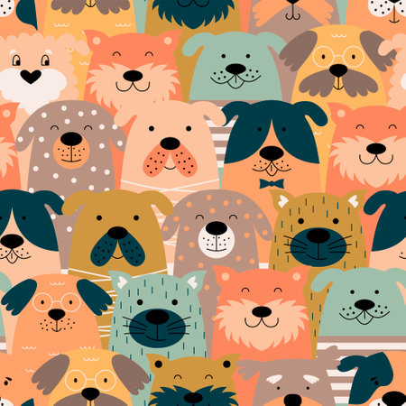Childish seamless pattern with colorful dogs. Vector illustration.Can be used for textiles, website backgrounds, and packaging.のイラスト素材