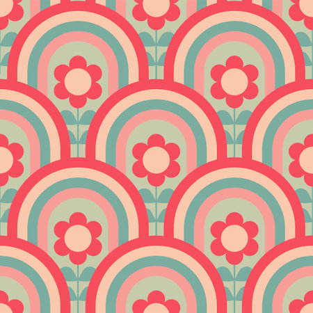 Groovy seamless pattern with geometric shapes and flowers. Design in the style of the 70s. Vector hand-drawn illustration.のイラスト素材