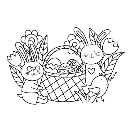 Easter coloring. Vector illustration with rabbit, eggs, basket and flowers isolated on a white background.のイラスト素材