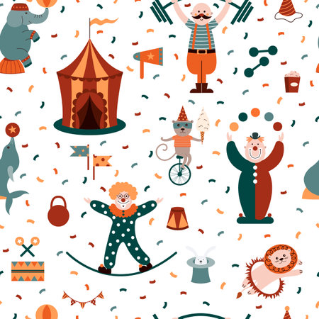 Circus seamless pattern with clowns, acrobats, lions, seals, elephants, monkeys, etc. Can be used for circus performance, birthday party, carnival. Vector background.のイラスト素材