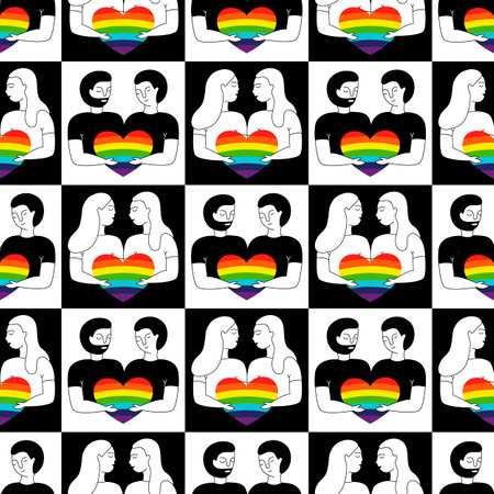 LGBTQ seamless pattern with men and women holding hearts. Pride Parade background. Doodle vector illustrationのイラスト素材