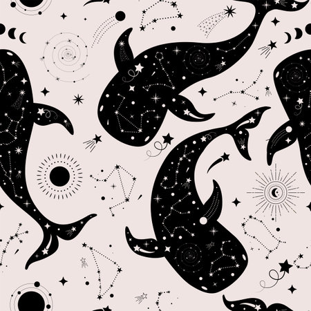 Magical seamless pattern with whales, stars, zodiac signs, planets, moon, sun, meteorites. Vector beautiful background with whales. Can be used for fabric, wallpaper, textile.のイラスト素材