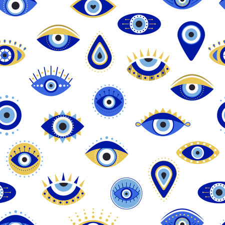 Greek evil eye seamless pattern isolated on a white background. Vector background with Turkish eye.のイラスト素材