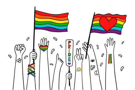 Pride parade concept. LGBTQ community. Vector doodle illustration with hands holds flag, heart, banner.のイラスト素材