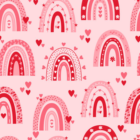 Valentine's day seamless pattern with rainbows and hearts on pink background. Can be used for nursery, textile, fabric, scrapbooking.のイラスト素材