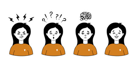 A set of girls' faces expressing different emotions such as anger, sadness, joy, surprise. Vector illustration isolated on white background.のイラスト素材