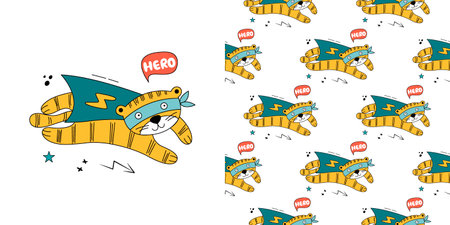 Tiger in a superhero costume. Vector set with wild animal character and seamless pattern.のイラスト素材