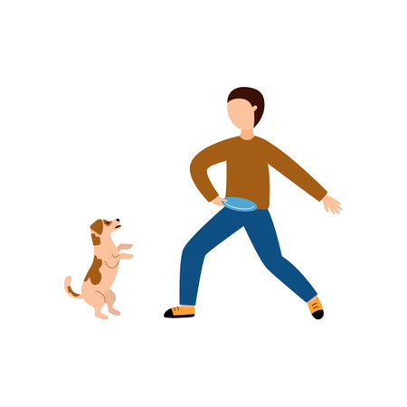 The boy throws the disc to the dog. Pet lover. Vector flat illustration with man and pet isolated on white background.のイラスト素材