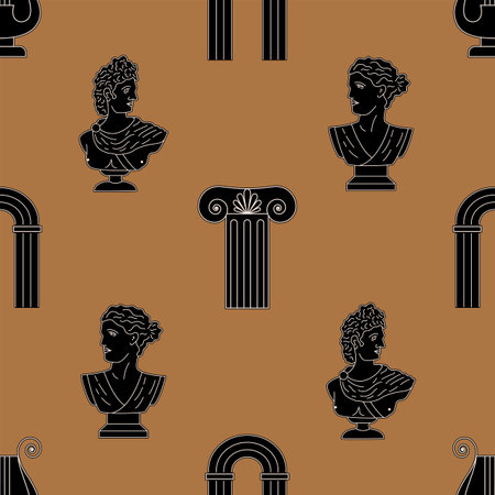 Antique sculptures of woman and man, columns, arches. Modern seamless pattern. Can be used for branding, packaging, textiles.のイラスト素材