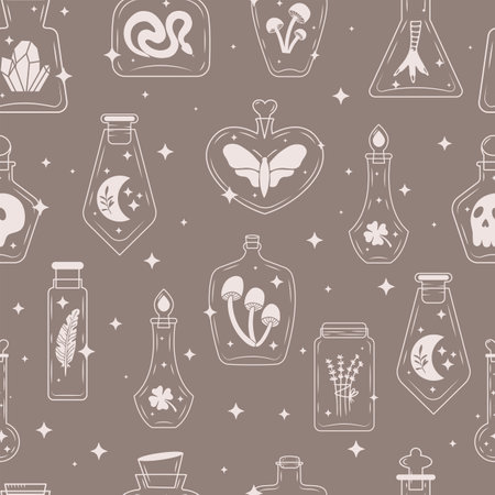 Magic bottles in doodle style with feather, snake, moon, lavender, mushrooms and etc. Vector Halloween seamless pattern. Can be used for packaging, wallpaper, scrapbooking.のイラスト素材