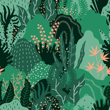 Modern abstract floral background. Vector flat illustration with grren leaves and  hills. Can be used for textiles, wrapping papers, packaging.のイラスト素材