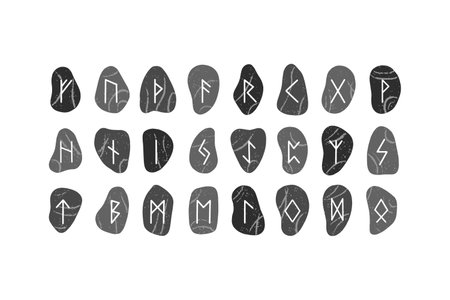 Runes alphabet on river stones. Set of Old Norse Scandinavian runes on a white background.のイラスト素材