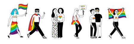 LGBT community. Banner with a group of people participating in a Pride parade.  Doodle vector background with gay, lesbian, transgender and bisexual.のイラスト素材