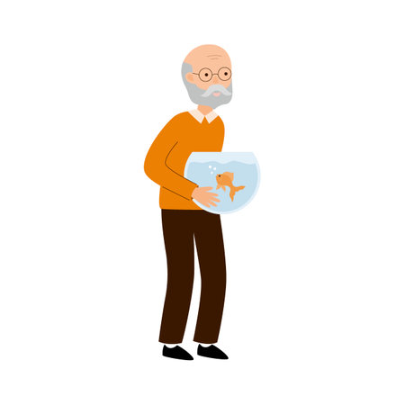 Elderly man holds an aquarium in his hands. Vector flat illustration with a man and a goldfish isolated on a white background.のイラスト素材