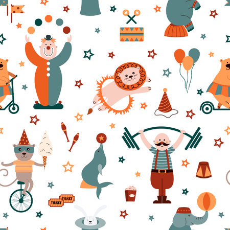 Circus seamless pattern with clowns, acrobats, lions, seals, elephants, monkeys, etc. Can be used for circus performance, birthday party, carnival. Vector background.のイラスト素材