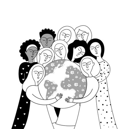 Earth day! Save our planet. A group of women stands around the earth and hugs her. Vector illustration for banner, card, poster.のイラスト素材
