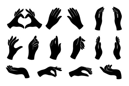 A set of hands with different gestures isolated on a white background. Vector illustration with icons of female hands in black.のイラスト素材