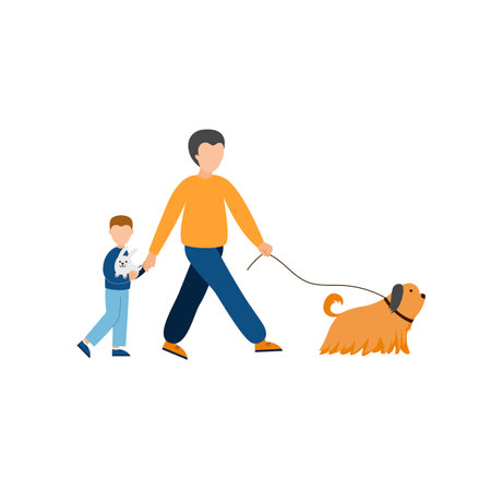 Father and son go to the pet store. A boy holds a rabbit in his hands, a man holds a dog on a leash. Vector flat illustration isolated on white background.のイラスト素材