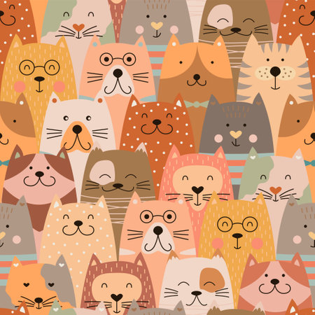 Childish seamless pattern with cute colorful cats. Vector illustration. It can be used for textile, wallpaper, fabric, wrapping, apparel.のイラスト素材