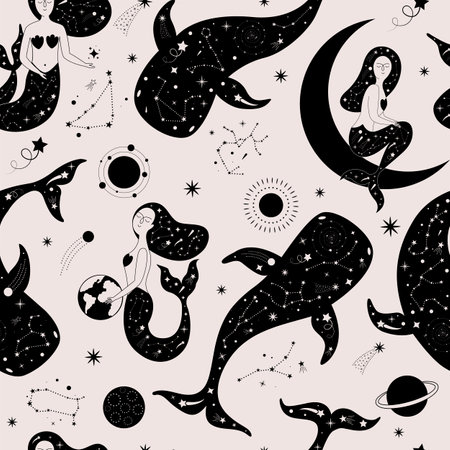 Magical seamless pattern with mermaids, whales, stars, zodiac signs, planets, moon, sun, meteorites. Vector beautiful background with beautiful young mermaids and whales. Can be used for fabric, wallpaper, textile.のイラスト素材