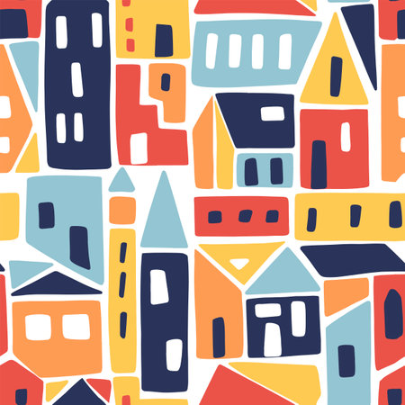 Modern seamless pattern with abstract houses. Childish vector background. Can be used for fabric, textile, wallpaper.のイラスト素材