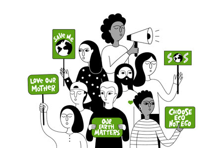 Eco-activist in the global strike for climate change. Group of people holding placards with slogans to protect the environment. Vector doodle illustration.のイラスト素材