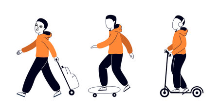 Happy active boy on walk scooter, on a skateboard, with a suitcase isolated on a white background. Doodle vector illustration.のイラスト素材