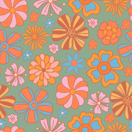 Groovy seamless pattern with flowers. Pattern in the style of the 70s. Vector hand drawn illustration.のイラスト素材