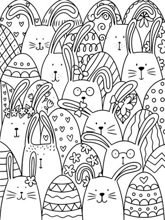 Easter coloring. Vector illustration with rabbits and eggs isolated on a white background.のイラスト素材