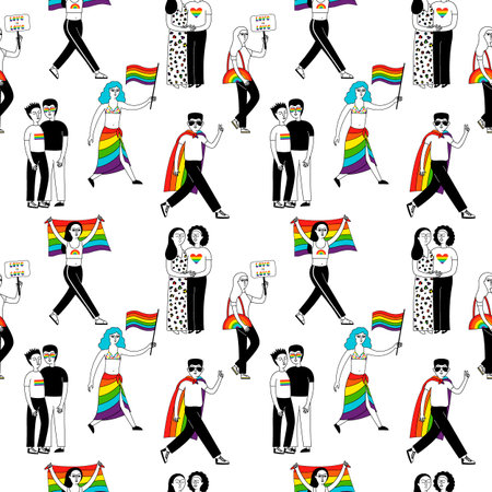 Pride month. Seamless pattern with a group of people participating in a Pride Parade.  Doodle vector background with gay, lesbian, transgender and bisexual.のイラスト素材