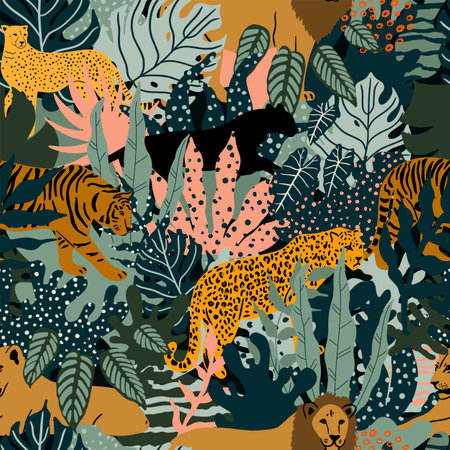 Vector seamless pattern with leopard, cheetah, tiger, and tropical leaves. Trendy illustration in a modern style.のイラスト素材