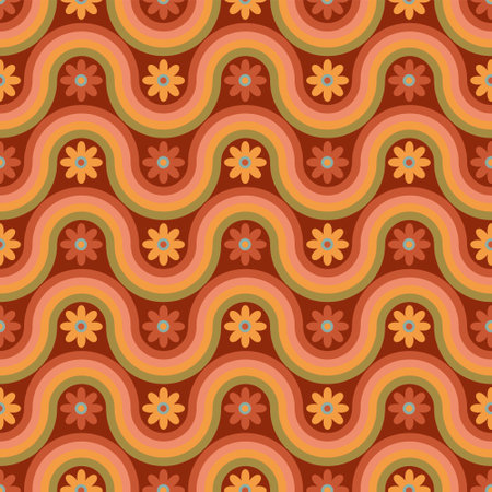 Groovy seamless pattern with geometric shapes and flowers. Design in the style of the 70s. Vector hand-drawn illustration.のイラスト素材